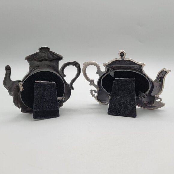 Teapot Shaped Miniature Photo Frames Victorian Style Design Metal Set of 2 - Picture 3 of 4